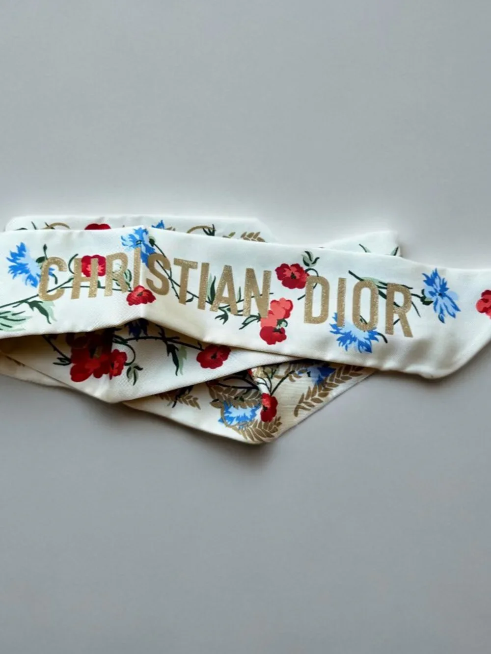 Christian Dior Ivory Red Blue Floral Botanical Silk Mitzah Scarf